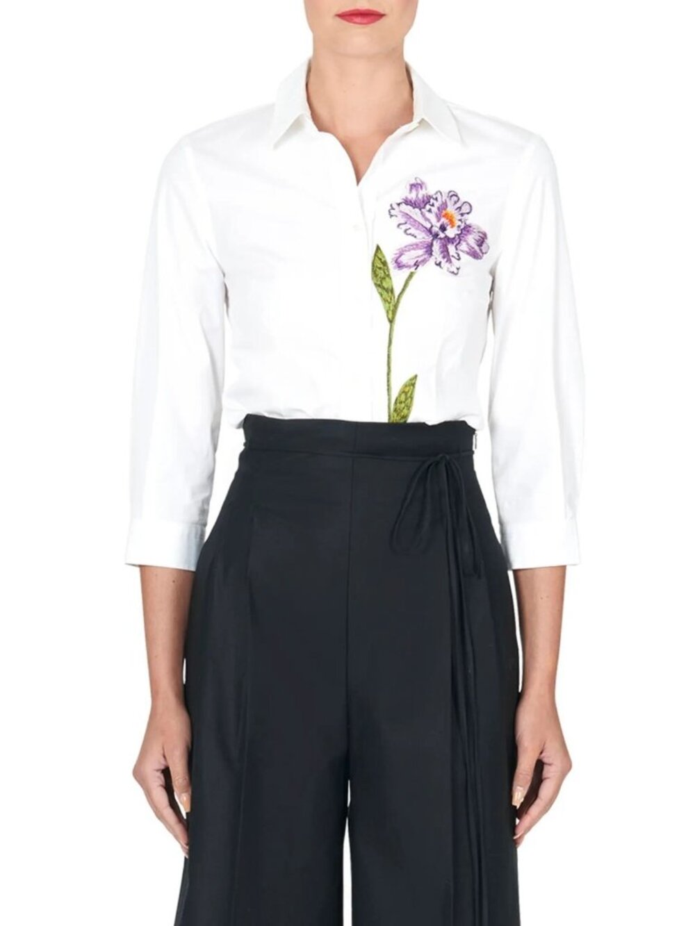 Carolina Herrera Icon Women's Embroidered Flower Cotton Button-Up Shirt Size 2